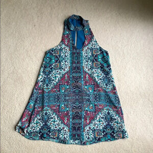 Olivaceous Key Hole Halter Mini Dress Blue Colorful Fun Funky Retro Hippie Small
